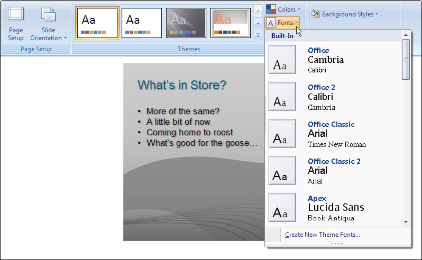 Figure 4-3: Selecting a new theme font is the fastest and most comprehensive way to change fonts.